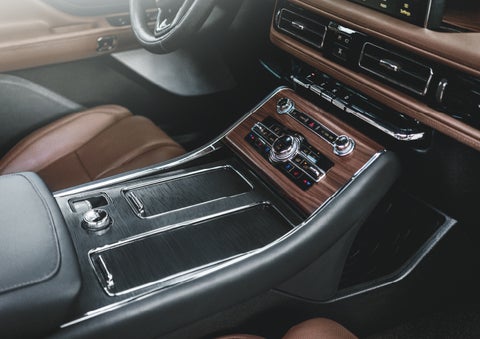 The front center console of a 2024 Lincoln Aviator® SUV is shown | Apple Lincoln Apple Valley in Apple Valley MN